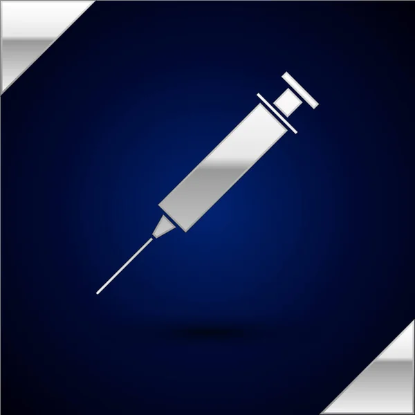 Gümüş Şırınga Simgesi Koyu Mavi Arka Plan Üzerinde Izole Aşı — Stok Vektör