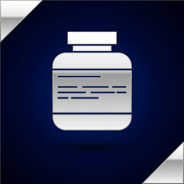 Silver Medicine Bottiglia Pillole Icona Isolata Sfondo Blu Scuro Pacchetto — Vettoriale Stock