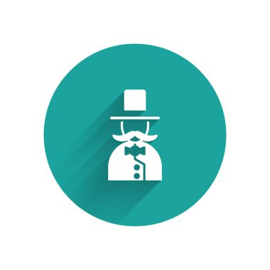 Beyaz Sihirbaz simgesi uzun gölgeli izole edilmiş. Yeşil daire düğmesi. Vektör İllüstrasyonu