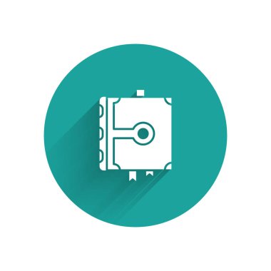 Beyaz Eskiler 'in sihirli kitabı. Simya tarifleri, mistik büyüler ve uzun gölgeli büyülü ikonlar. Yeşil daire düğmesi. Vektör İllüstrasyonu