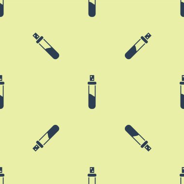 Aşk ikonu ikonuna sahip mavi şişe sarı arka planda izole edilmiş pürüzsüz desen. Sevgililer Günü sembolü. Vektör İllüstrasyonu