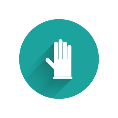 Uzun gölgeli beyaz tıbbi kauçuk eldiven ikonu. Koruyucu lastik eldivenler. Yeşil daire düğmesi. Vektör İllüstrasyonu