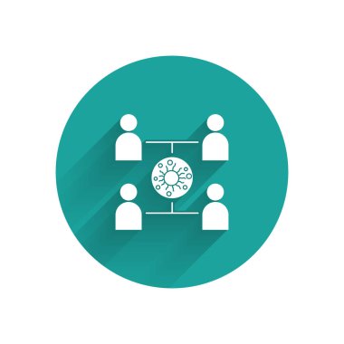 Beyaz Virüs uzun gölgeli bir ikon yaydı. Coronavirus enfeksiyon bilgi grafikleri. Yeşil daire düğmesi. Vektör İllüstrasyonu