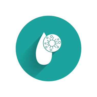 Beyaz kan testi ve virüs molekülü koronavirüs ikonu uzun gölgeli izole edilmiş. Coronavirus, COVID-19. 2019-NCoV. Yeşil daire düğmesi. Vektör İllüstrasyonu