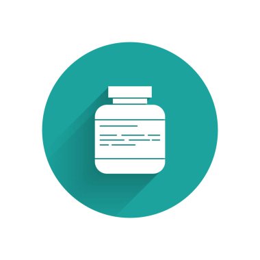 Beyaz ilaç şişesi ve uzun gölgeli ilaç ikonu. İlaç paketi. Tablet, vitamin, antibiyotik, aspirin. Yeşil daire düğmesi. Vektör İllüstrasyonu