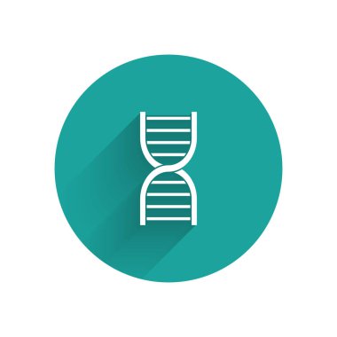 Beyaz DNA sembolü uzun gölgeli izole edilmiş. Yeşil daire düğmesi. Vektör İllüstrasyonu
