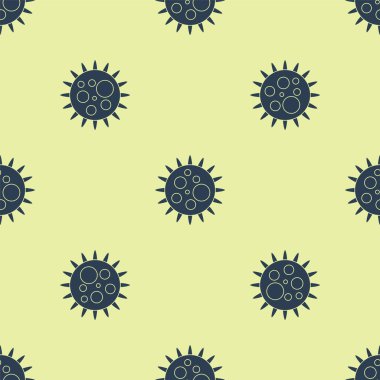 Mavi Virüs simgesi sarı arkaplandaki kusursuz deseni izole etti. Corona virüsü 2019-nCoV. Bakteri ve mikroplar, hücre kanseri, mikrop, mantar. Vektör İllüstrasyonu