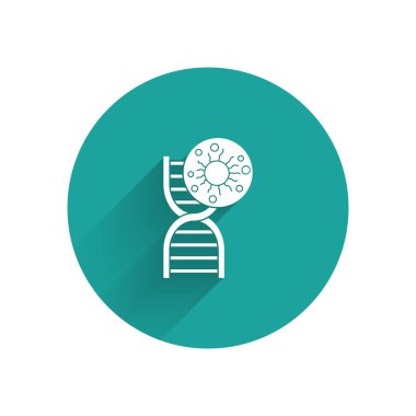 Beyaz DNA sembolü ve uzun gölgeli virüs ikonu. Yeşil daire düğmesi. Vektör İllüstrasyonu