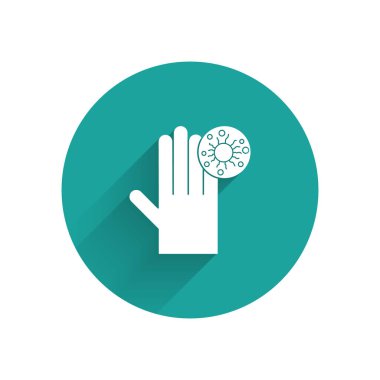 Virüs ikonlu beyaz el uzun gölgeli. Corona virüsü 2019-nCoV. Bakteri ve mikroplar, hücre kanseri, mikrop, mantar. Yeşil daire düğmesi. Vektör İllüstrasyonu