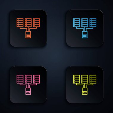 Renkli neon hattı sunucusu, Data, Web sunucu simgesi siyah arkaplanda izole edildi. Kare düğmelere simgeleri yerleştir. Vektör İllüstrasyonu