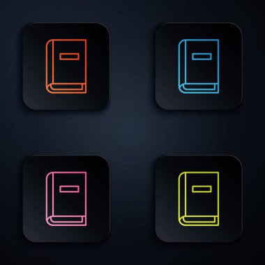 Renk neon çizgisi Kullanıcı elle simgesi siyah arkaplanda izole edildi. Kullanıcı rehberi kitabı. Talimat işareti. Kullanmadan önce oku. Kare düğmelere simgeleri yerleştir. Vektör İllüstrasyonu