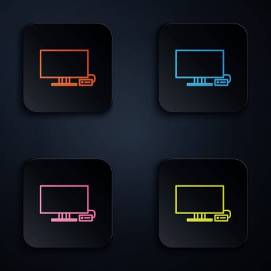 Renkli neon hattı Akıllı TV simgesi siyah arkaplanda izole edildi. Televizyon tabelası. Kare düğmelere simgeleri yerleştir. Vektör İllüstrasyonu