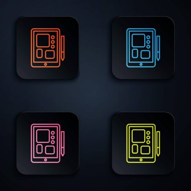 Siyah arkaplanda izole edilmiş renkli neon çizgisi grafiksel tablet simgesi. Kare düğmelere simgeleri yerleştir. Vektör İllüstrasyonu
