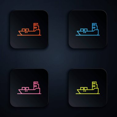 Renkli neon hattı petrol tankeri simgesi siyah arkaplanda izole edildi. Kare düğmelere simgeleri yerleştir. Vektör İllüstrasyonu