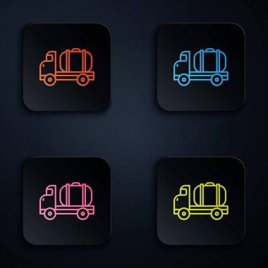 Renkli neon hat tanker ikonu siyah arkaplanda izole edildi. Petrol tankeri, petrol kamyonu, sarnıç, petrol karavanı. Kare düğmelere simgeleri yerleştir. Vektör İllüstrasyonu