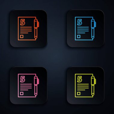 Renk neon çizgisi Açık kitap simgesi siyah arkaplanda izole edildi. Kare düğmelere simgeleri yerleştir. Vektör İllüstrasyonu