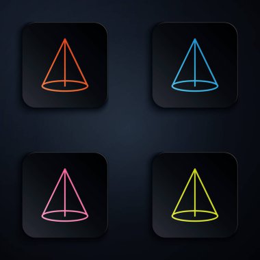 Renkli neon çizgi grafiği, çizelge, grafik, diyagram, bilgi grafiği, turta grafik simgesi siyah arkaplanda izole edildi. Kare düğmelere simgeleri yerleştir. Vektör İllüstrasyonu