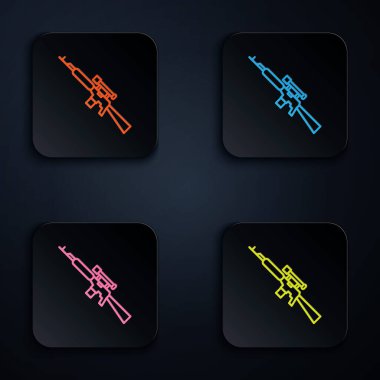 Siyah arka planda izole edilmiş dürbünlü renkli neon çizgili keskin nişancı tüfeği. Kare düğmelere simgeleri yerleştir. Vektör İllüstrasyonu