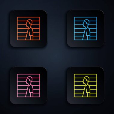 Renkli neon hattı şüpheli simgesi siyah arkaplanda izole edildi. Hapishanedeki suçlu, yönetim kurulunun yanında şüpheli. Kare düğmelere simgeleri yerleştir. Vektör İllüstrasyonu