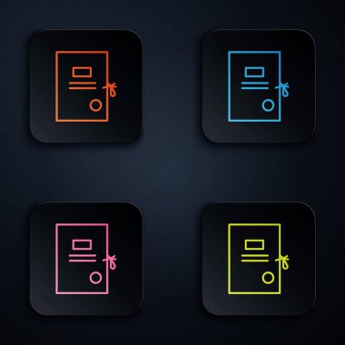 Renkli neon çizgisi, siyah arkaplanda izole edilmiş bir kağıt simgesi. Kare düğmelere simgeleri yerleştir. Vektör İllüstrasyonu