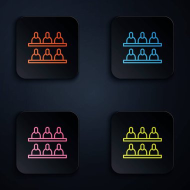 Renk neon çizgisi Jüri simgesi siyah arkaplanda izole edildi. Kare düğmelere simgeleri yerleştir. Vektör İllüstrasyonu