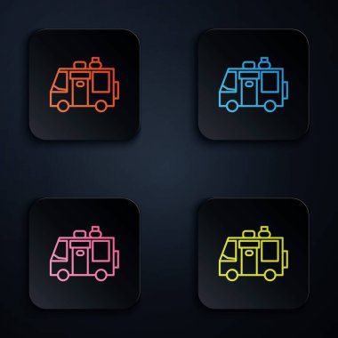 Renkli neon hattı Rv Kamp karavanı simgesi siyah arkaplanda izole edildi. Gezici ev, karavan, yolculuk için ev karavanı. Kare düğmelere simgeleri yerleştir. Vektör İllüstrasyonu