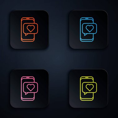 Renkli neon hattı çevrimiçi flört uygulaması ve sohbet simgesi siyah arkaplanda izole edildi. Uluslararası Mutlu Kadınlar Günü. Kare düğmelere simgeleri yerleştir. Vektör İllüstrasyonu