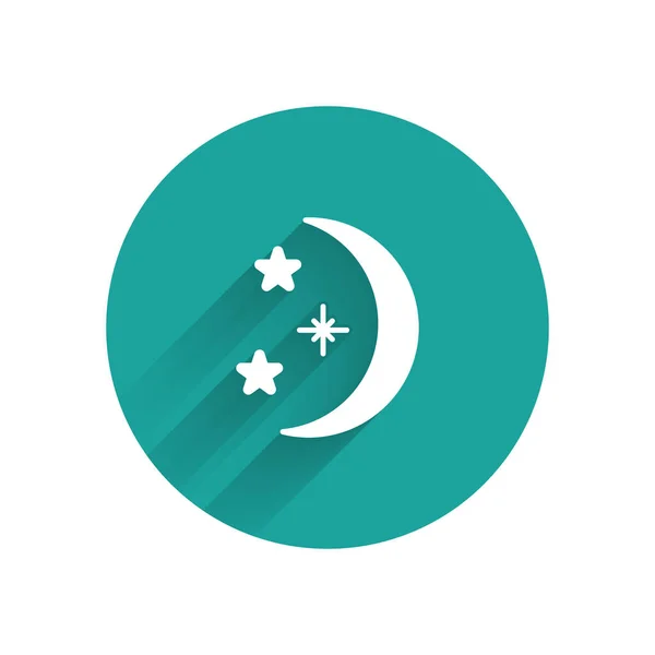 Икона Белой Луны Звёзд Изолированная Длинной Тенью Кнопка Зеленого Круга — стоковый вектор