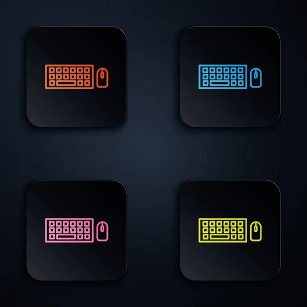 彩色霓虹灯线计算机键盘和鼠标图标隔离在黑色背景上 Pc组件标志 在正方形按钮中设置图标 病媒图解 — 图库矢量图片