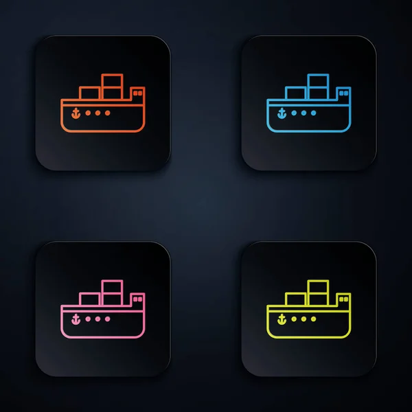 Farbe Neon Line Öltanker Schiff Symbol Isoliert Auf Schwarzem Hintergrund — Stockvektor