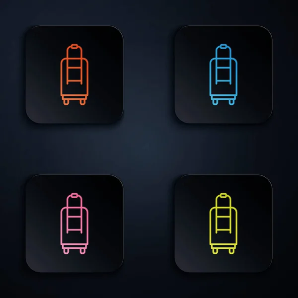 彩色霓虹灯线套件用于旅行图标隔离在黑色背景 旅行的行李标志 旅行行李图标 在正方形按钮中设置图标 病媒图解 — 图库矢量图片