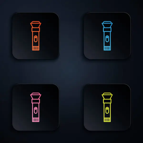 Farbe Neon Linie Taschenlampe Symbol Isoliert Auf Schwarzem Hintergrund Setzen — Stockvektor