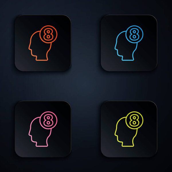 Color neon line 8 March in human head icon isolated on black background. International Happy Women Day. Set icons in square buttons. Vector Illustration