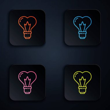 Siyah arkaplanda izole edilmiş bir ampul ikonunda renk neon çizgisi kalp şekli. Aşk sembolü. 8 Mart. Uluslararası Mutlu Kadınlar Günü. Kare düğmelere simgeleri yerleştir. Vektör İllüstrasyonu