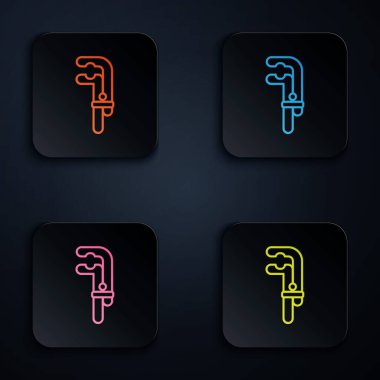 Renk neon çizgisi Clamp aracı simgesi siyah arkaplanda izole edildi. Çilingir aleti. Kare düğmelere simgeleri yerleştir. Vektör İllüstrasyonu