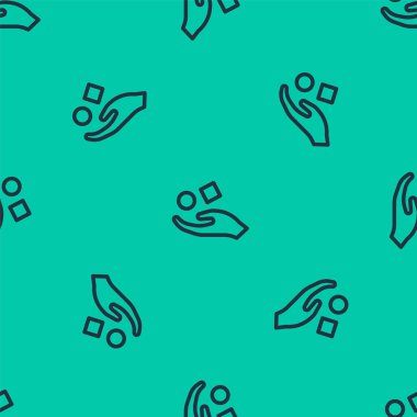 Mavi çizgi küpü, el simgesinin üzerinde yükselerek yeşil arkaplanda izole edilmiş, pürüzsüz bir desen oluşturuyor. Havalanma sembolü. Vektör İllüstrasyonu