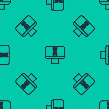 Mavi çizgi DNA sarmalı ve bilgisayar monitörü ikonu yeşil arkaplandaki kusursuz deseni izole etti. Poligonal tıbbi teknoloji araştırma ağı sanatı. Vektör İllüstrasyonu