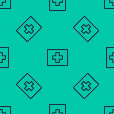 Mavi çizgi ilk yardım seti simgesi yeşil arkaplanda pürüzsüz desen izole etti. Haçlı sağlık kutusu. Acil durumlar için tıbbi ekipman. Sağlık sigortası konsepti. Vektör İllüstrasyonu