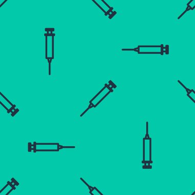 Mavi çizgi şırınga ikonu yeşil arkaplandaki kusursuz deseni izole etti. Aşı için şırınga, aşı, iğne, grip aşısı. Tıbbi ekipman. Vektör İllüstrasyonu