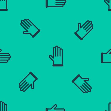 Mavi çizgi tıbbi lastik eldiven ikonu yeşil arka planda izole edilmiş pürüzsüz desen. Koruyucu lastik eldivenler. Vektör İllüstrasyonu