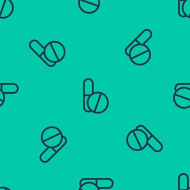 Mavi çizgi ilaç veya tablet ikonu yeşil arka planda izole edilmiş pürüzsüz desen. Corona virüsü 2019-nCoV. Kapsül hapı ve uyuşturucu işareti. Eczane tasarımı. Vektör İllüstrasyonu