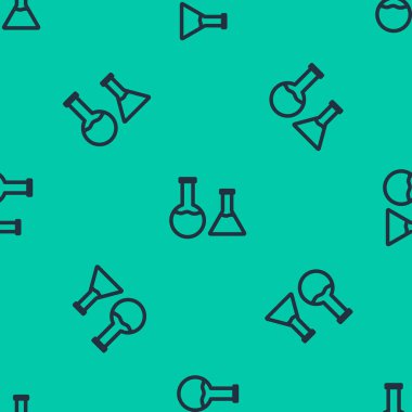 Mavi çizgi test tüpü ve matara ikonu yeşil arka planda izole edilmiş kusursuz desen. Kimyasal laboratuvar testi. Laboratuvar camları. Vektör İllüstrasyonu