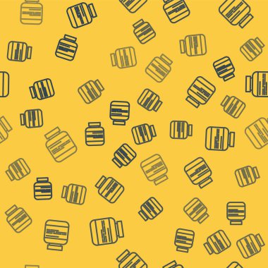 Mavi çizgi ilaç şişesi ve ilaç ikonu sarı arka planda izole edilmiş kusursuz desen. İlaç paketi. Tablet, vitamin, antibiyotik, aspirin. Vektör İllüstrasyonu