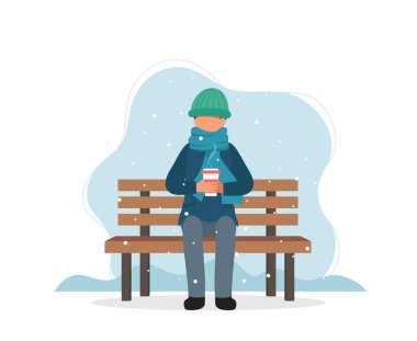Kışın elinde kahveyle bankta oturan adam. Düz biçimli vektör illüstrasyonu