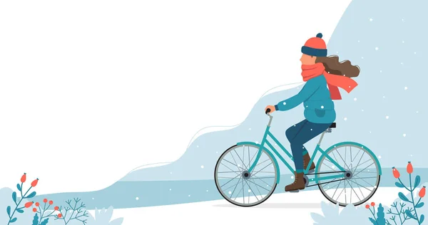 Chica montar en bicicleta en el parque en invierno. Lindo vector de ilustración en estilo plano . — Vector de stock