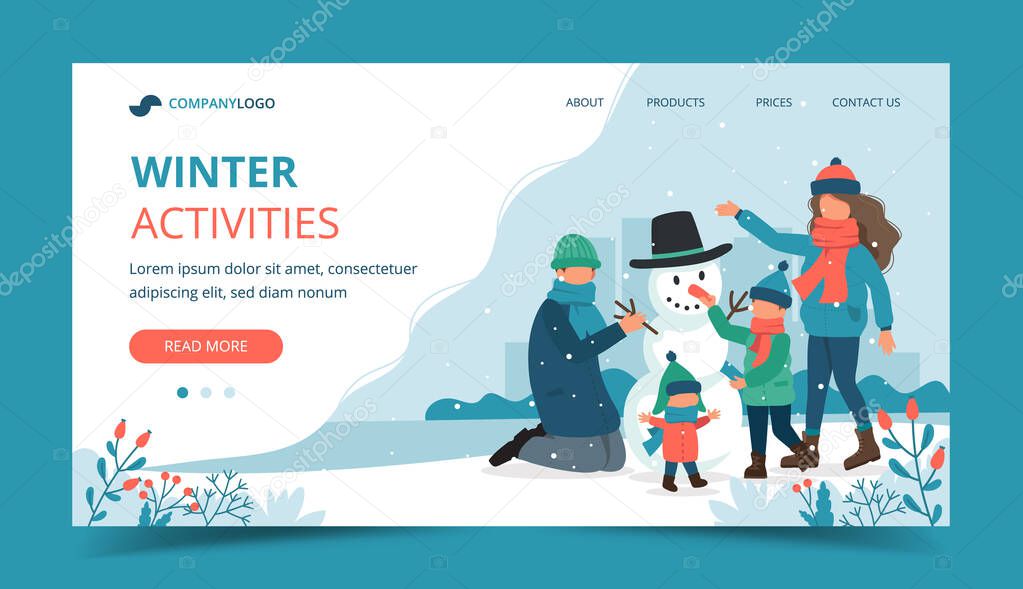 Family making a snowman in winter. Landing page template. Cute vector illustration in flat style.