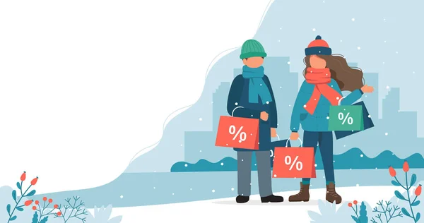 Man en vrouw met verkooptassen in de winter. Leuke vector illustratie in platte stijl. — Stockvector