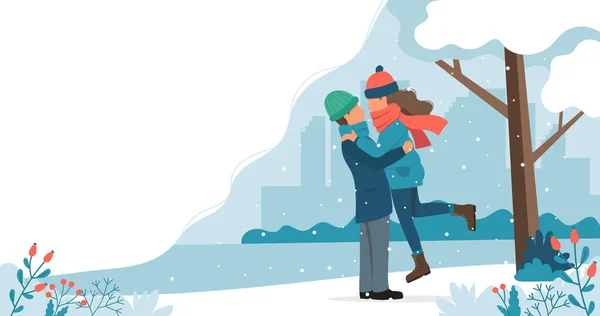 Milující pár v zimě. Roztomilá vektorová ilustrace v plochém stylu. — Stockový vektor