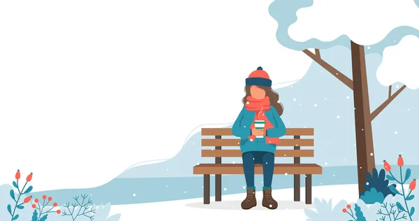 Meisje zittend op bank in de winter met koffie. Leuke vector illustratie in platte stijl — Stockvector