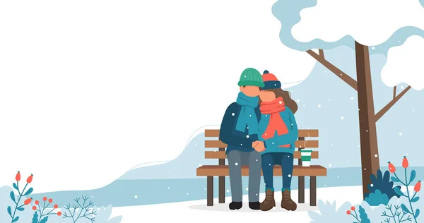 Loving couple on the bench in winter. Cute vector illustration in flat style. — Stock Vector